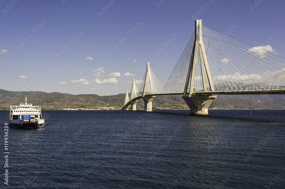 Cable-stayed suspension bridge crossing Corinth Gulf strait, Gre