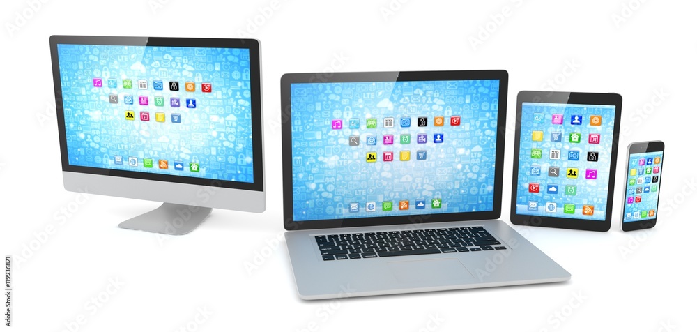 Responsive web design, laptop, smartphone, tablet, computer, display. 3d rendering. Responsive web design, laptop, smartphone, tablet, computer, display. 3d rendering.