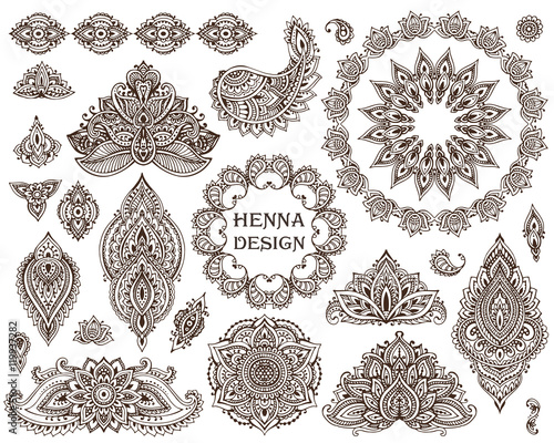 Big vector set of henna floral elements and frames photo