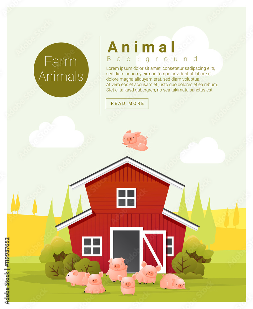 Rural landscape and farm animal background with pig , vector , illustration