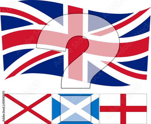 Un United Kingdom - The Union Jack flag with the Irish, English and Scottish flags underneath, with a question mark over the top.
