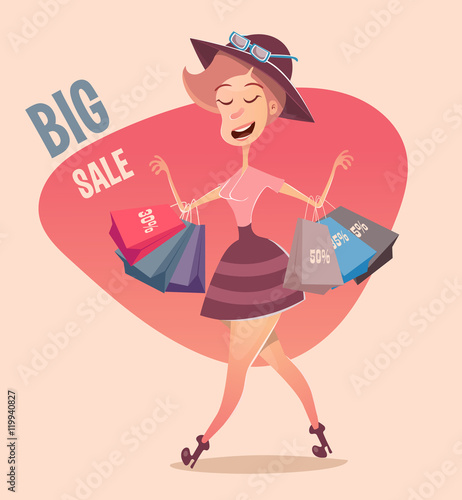 Girl with packages. Big Sale. Cartoon character. Vector illustration