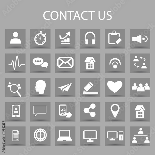 Vector flat icons set and graphic design elements. Illustration with contact us outline symbols.