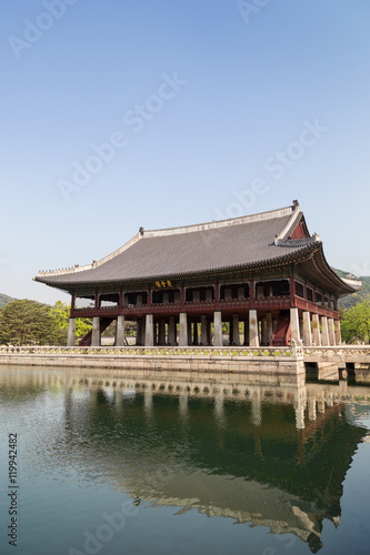 Gyeonghoeru Pavilion (Royal Banquet Hall) at the Gyeongbokgung Palace, the main royal palace of the Joseon dynasty, in Seoul, South Korea. Copy space.