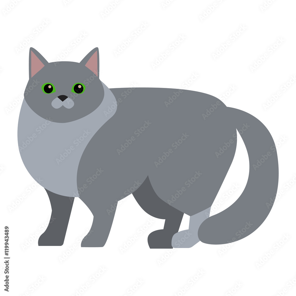 Cat cartoon style vector silhouette. Cute domestic cat animal sitting. Cartoon cat young adorable tail symbol playful. Cartoon funny domestic pussy kitty cat sit character