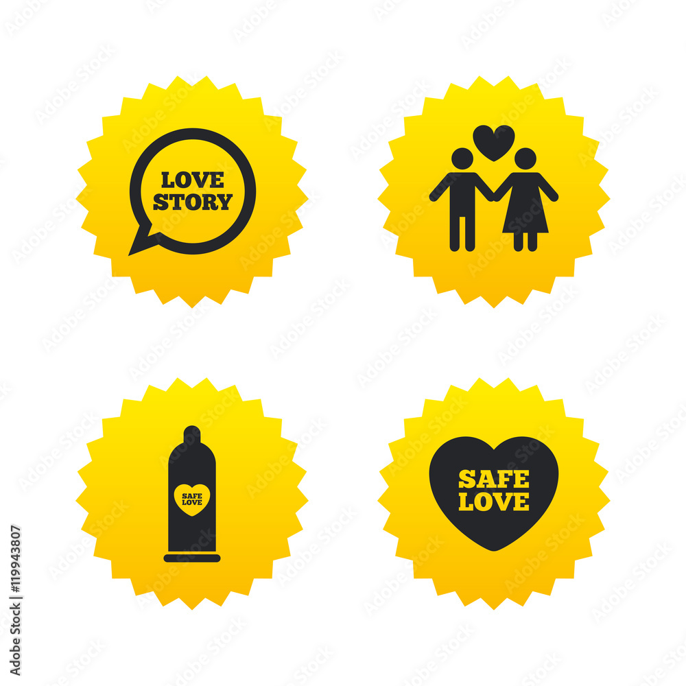 Condom safe sex icons. Lovers couple sign. Condom safe sex icons. Lovers couple sign.
