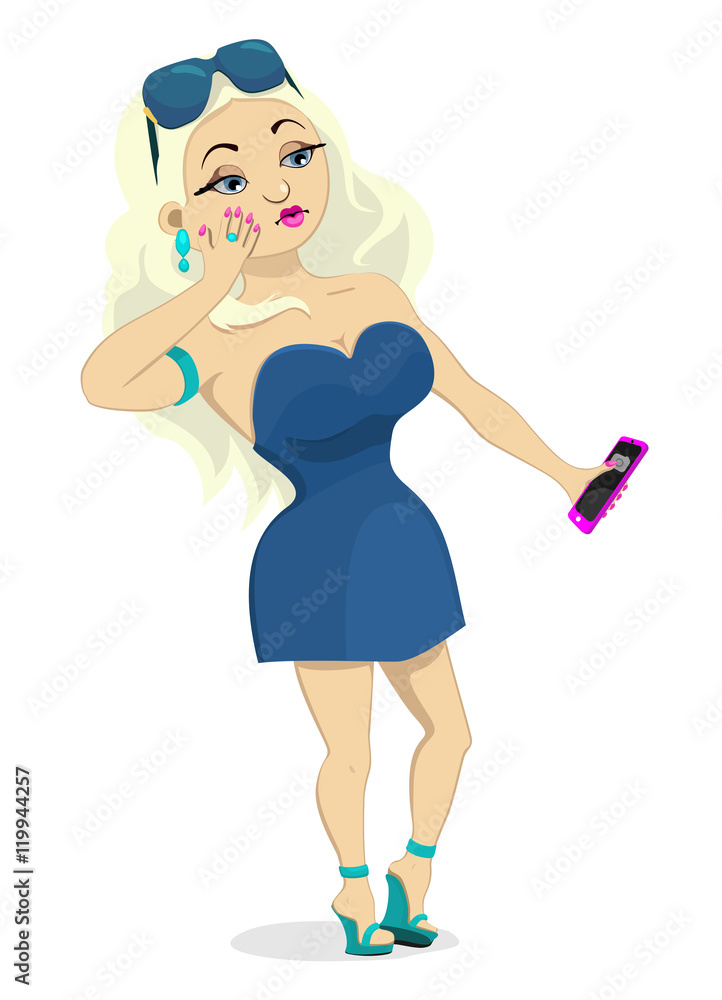 Comic vector illustration of sexy glamour girl. Funny cartoon character -  mannered blonde poses and makes selfie. Isolated woman dressed in a showy  dress with a smartphone. Stock Vector | Adobe Stock