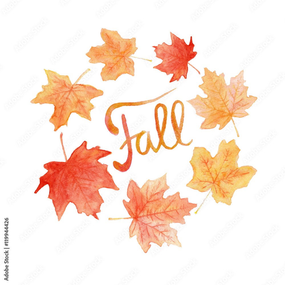 Fototapeta premium Fall watercolor hand drawn lettering and maple leaves