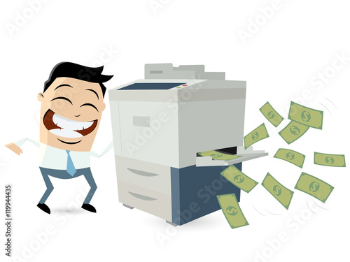 funny comic man making copies of bank notes