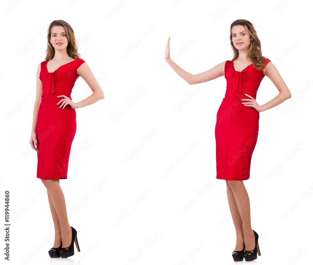 Fototapeta premium Young woman in red dress isolated on white