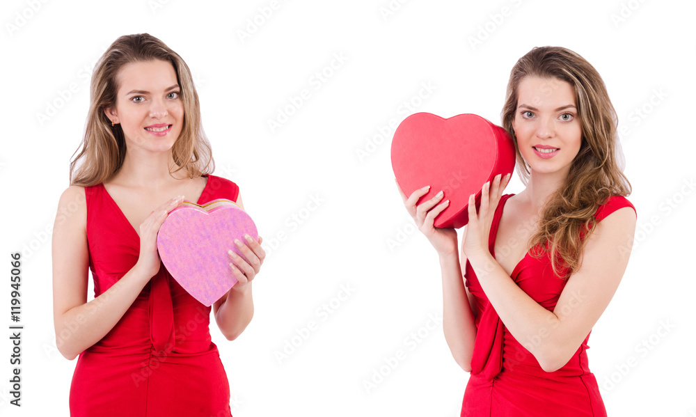 Pretty girl holding gift box isolated on white Pretty girl holding gift box isolated on white