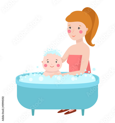 Baby in bath vector illustration.
