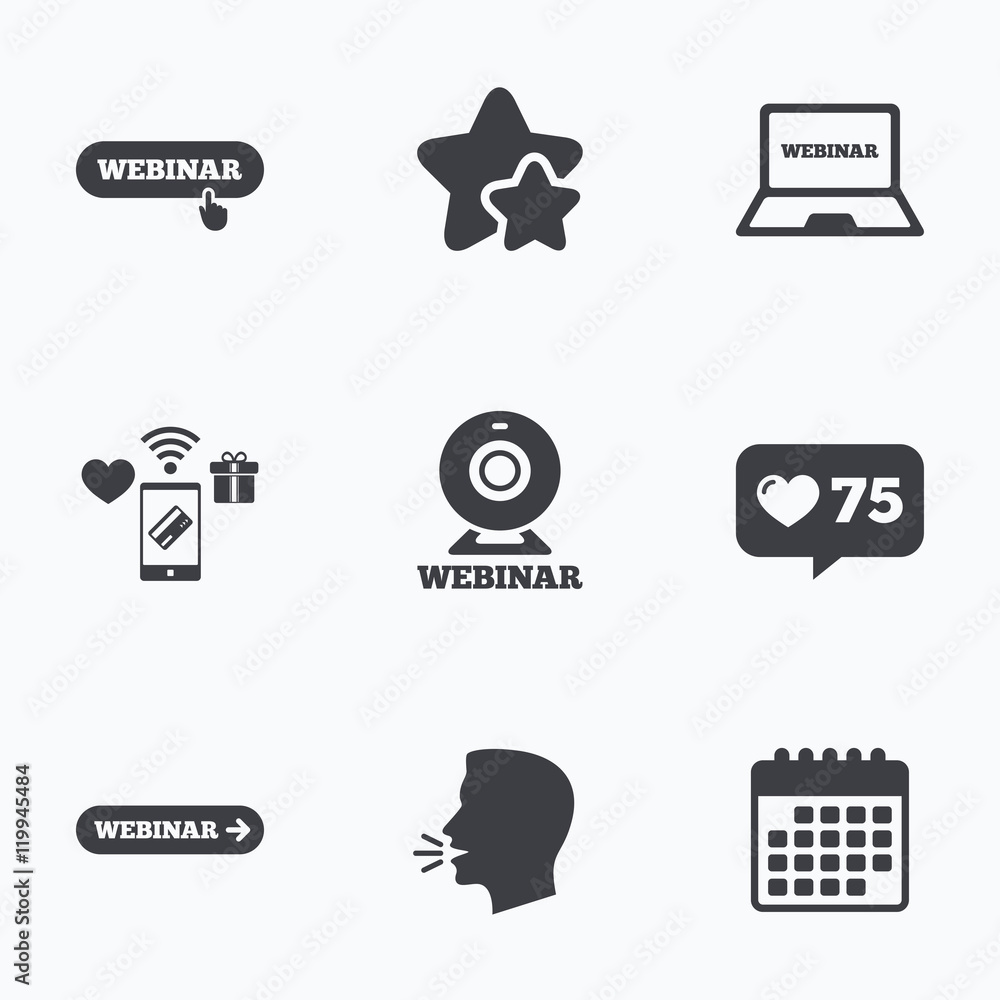 Webinar icons. Web camera and notebook pc signs. Webinar icons. Web camera and notebook pc signs.