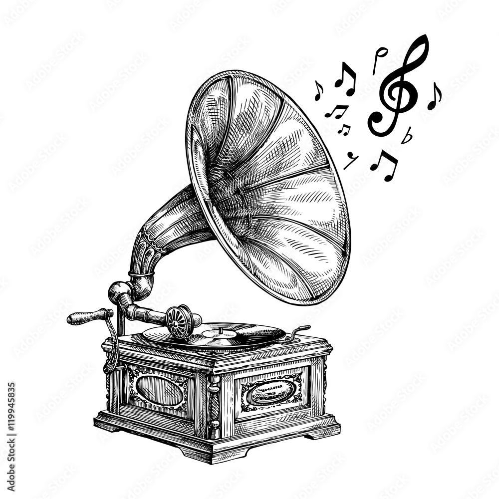 Fototapeta premium Hand-drawn vintage gramophone with music notes. Vector illustration