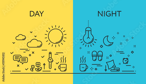 Set of modern vector illustration concepts of days and night.  Flat line design