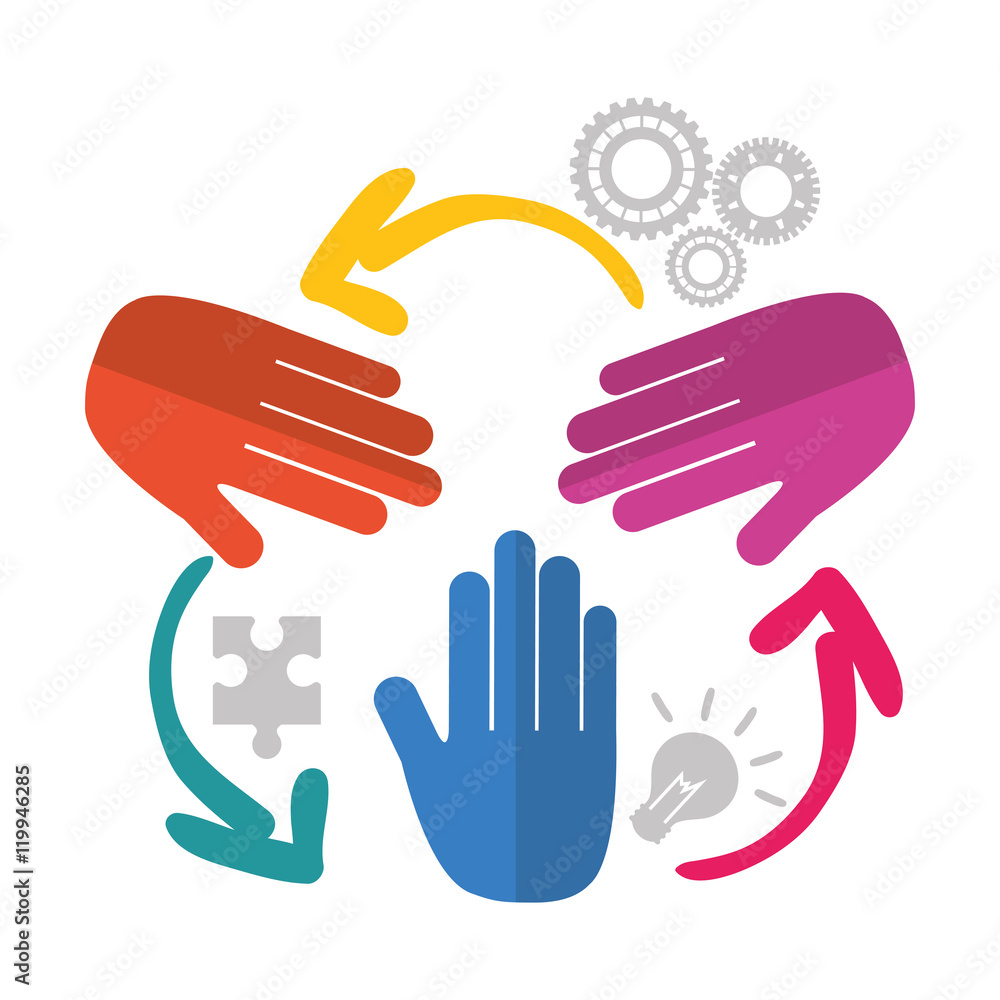 hands puzzle bulb gears teamwork support collaborative cooperation work icon set. Colorful design. Vector illustration
