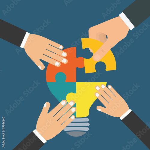puzzle hand bulb teamwork support collaborative cooperation work icon set. Colorful design. Vector illustration