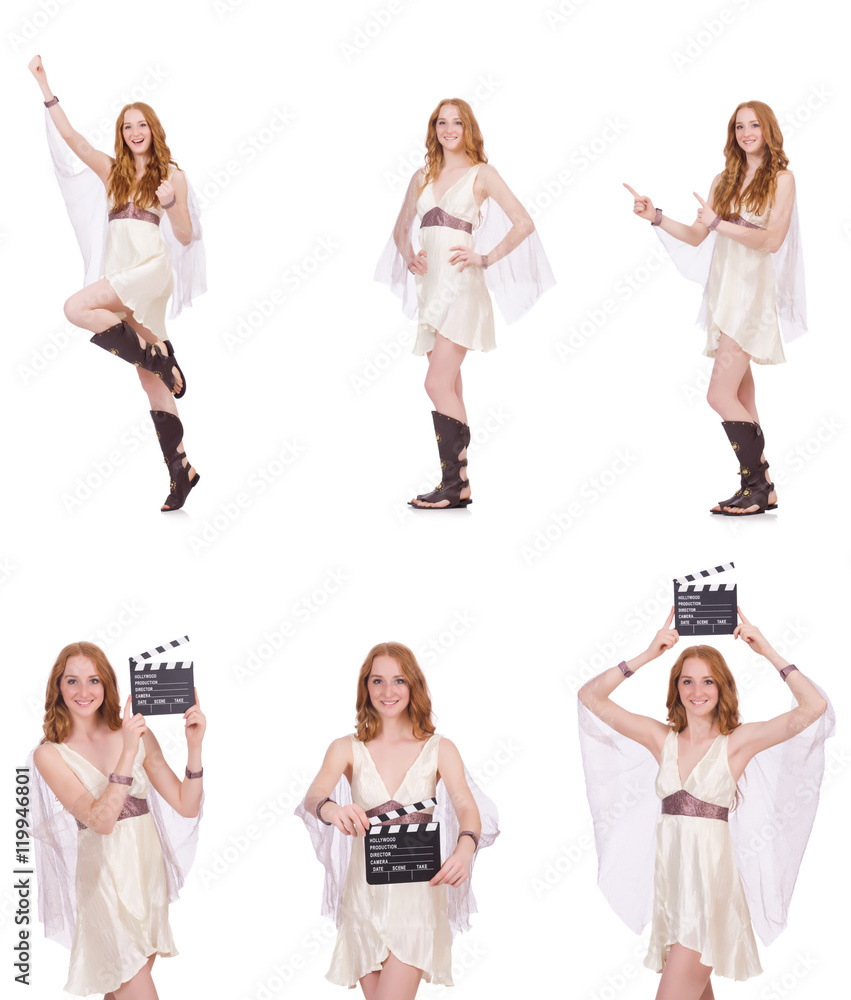 Woman with movie clapper isolated on white Woman with movie clapper isolated on white