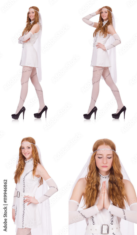 Pretty lady in light charming dress isolated on white Pretty lady in light charming dress isolated on white