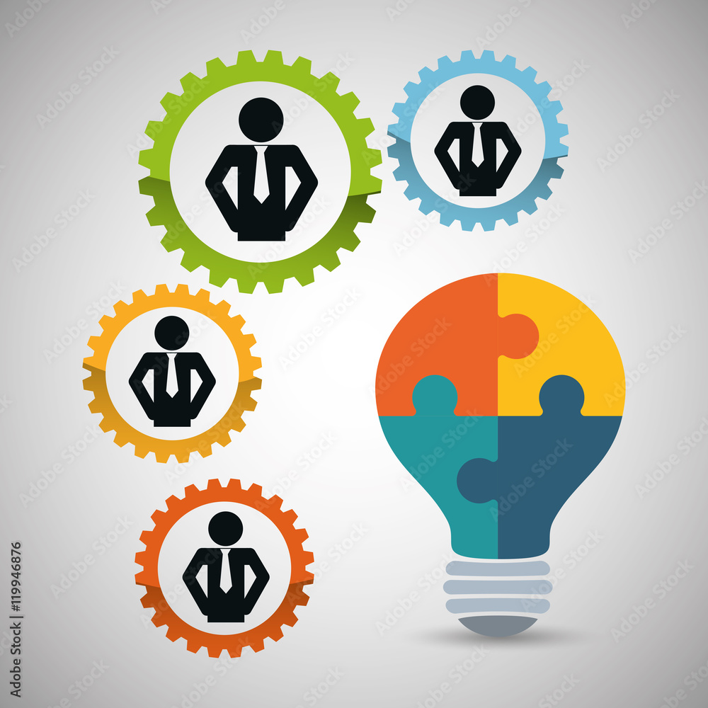 pictogram gears bulb puzzle teamwork support collaborative cooperation work icon set. Colorful design. Vector illustration