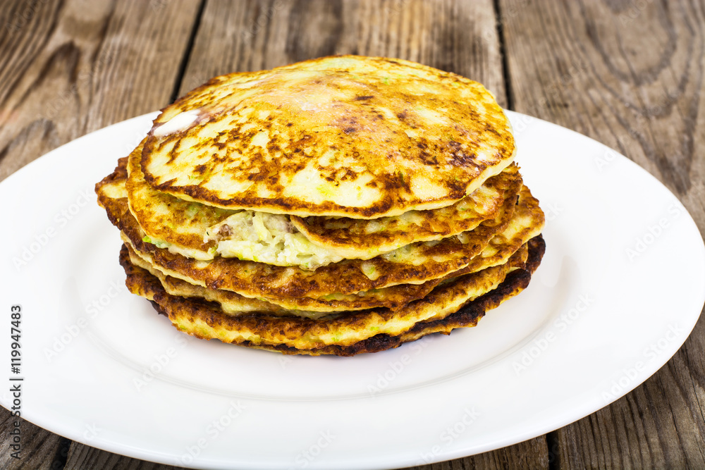 Rustic Autumn Meal Pancakes from Zucchini. Vegetarian Diets