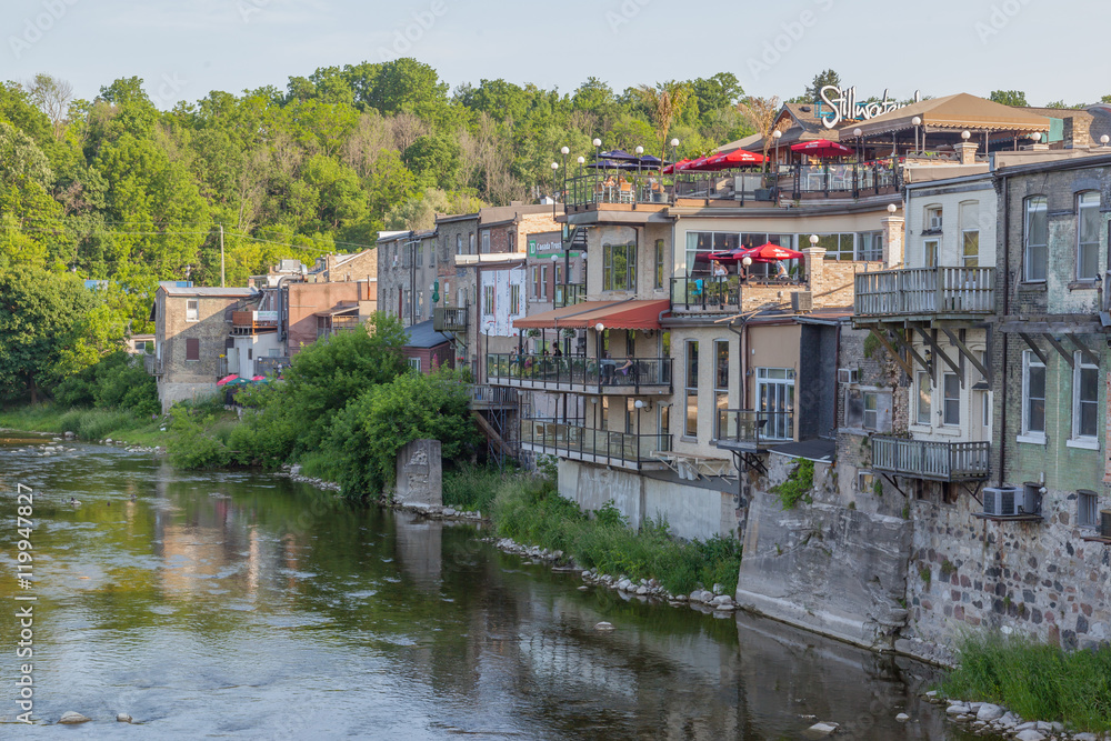Buildings on the Grand River in Paris, Ontario.
Paris, the town was established in 1850,  voted 