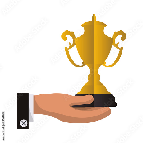 trophy hand cup gold winner competition success icon. Flat and Isolated design. Vector illustration