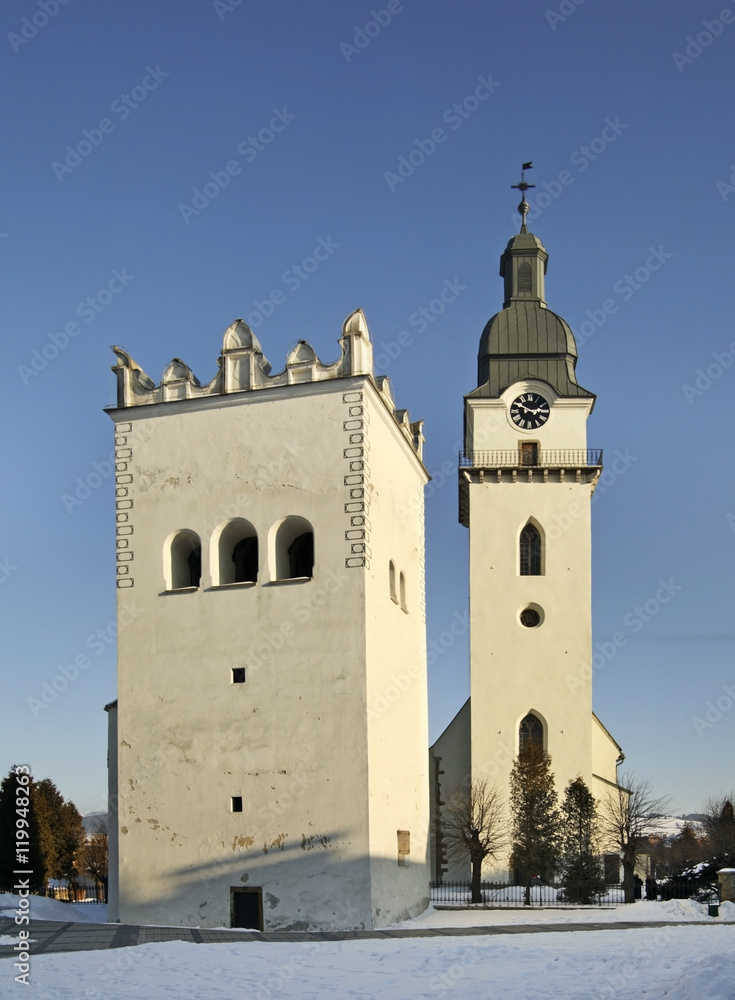 Church of St. Anthony and Renaissance belfry in Spisska Bela. Slovakia