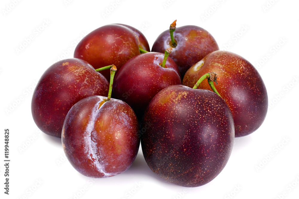Juicy Ripe Plums Isolated on White Background