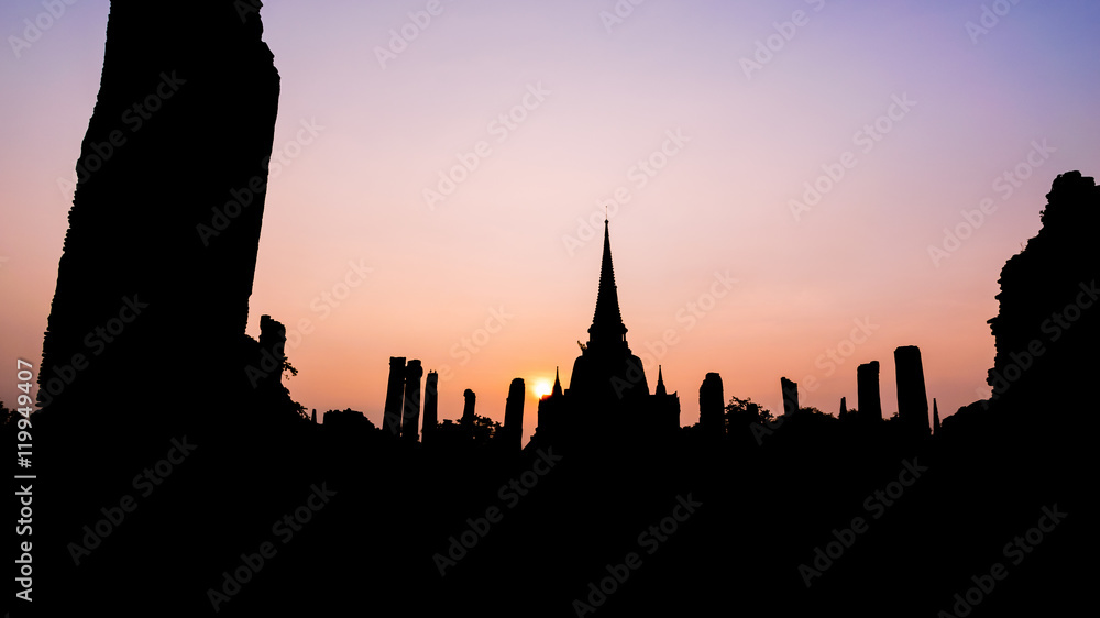 Silhouette for background, Ancient ruins and pagoda of Wat Phra Si Sanphet old temple famous attractions during sunset at Phra Nakhon Si Ayutthaya Historical Park, Thailand, 16:9 wide screen Silhouette for background, Ancient ruins and pagoda of Wat Phra Si Sanphet old temple famous attractions during sunset at Phra Nakhon Si Ayutthaya Historical Park, Thailand, 16:9 wide screen