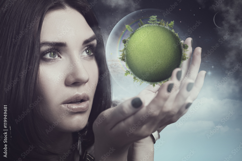 Naklejka premium Our future is in human hands, eco concept with female portrait a