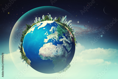 Planet in the skies  eco backgrounds with funny Earth against st