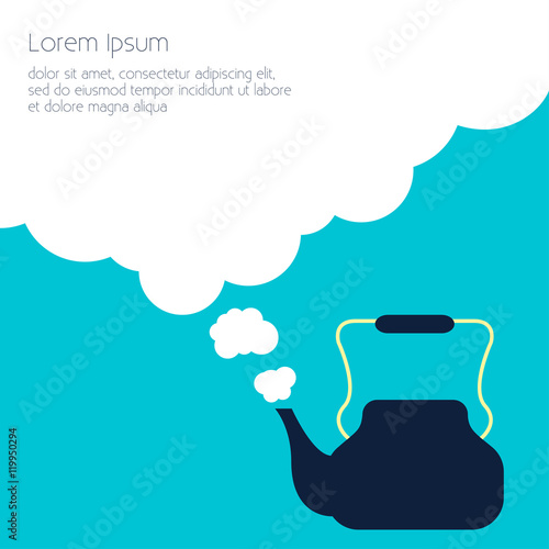 Kettle steam Vector illustration Old blue kettle releases steam Flat design