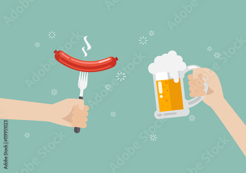 Hand holding grilled sausage on the fork and hand with glass of