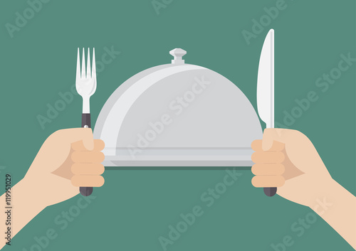 Knife and fork cutlery in hands with serving tray