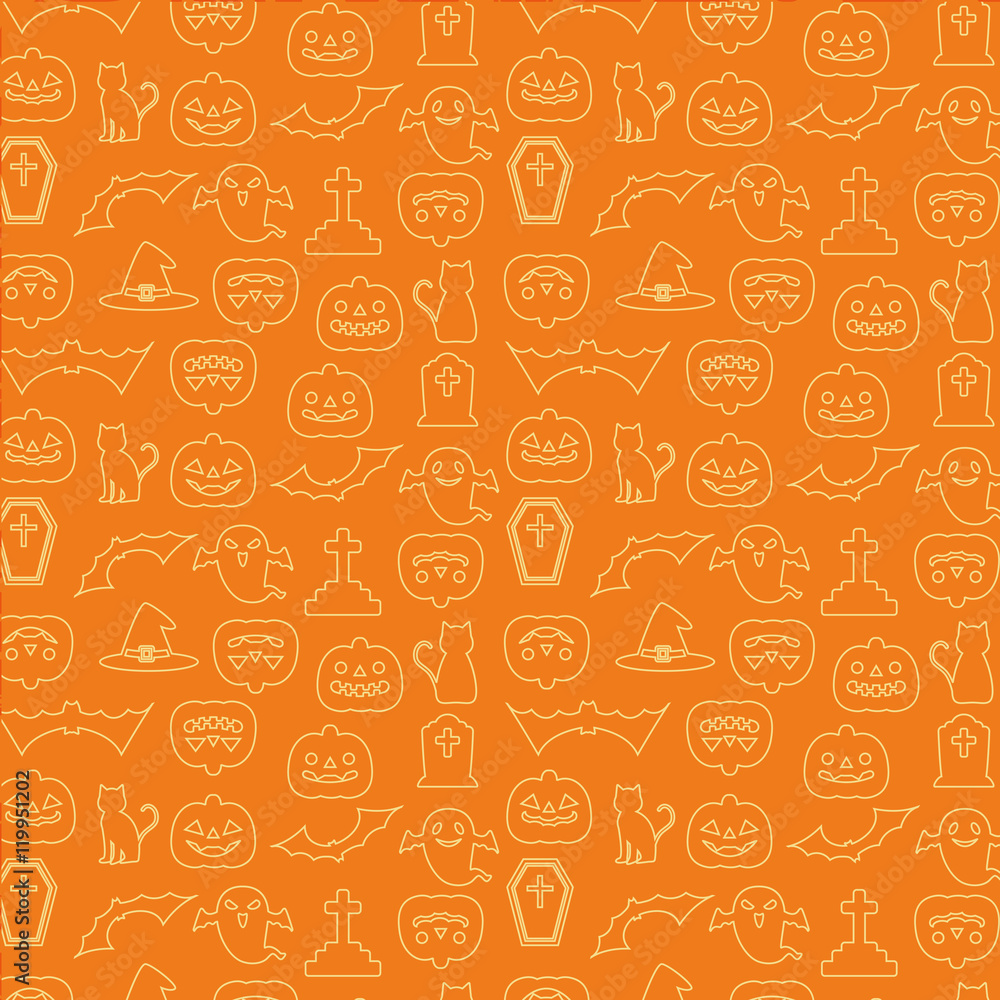 ハロウィン パターン 壁紙 背景 線画イラスト オレンジ 黄色 Stock Vector Adobe Stock