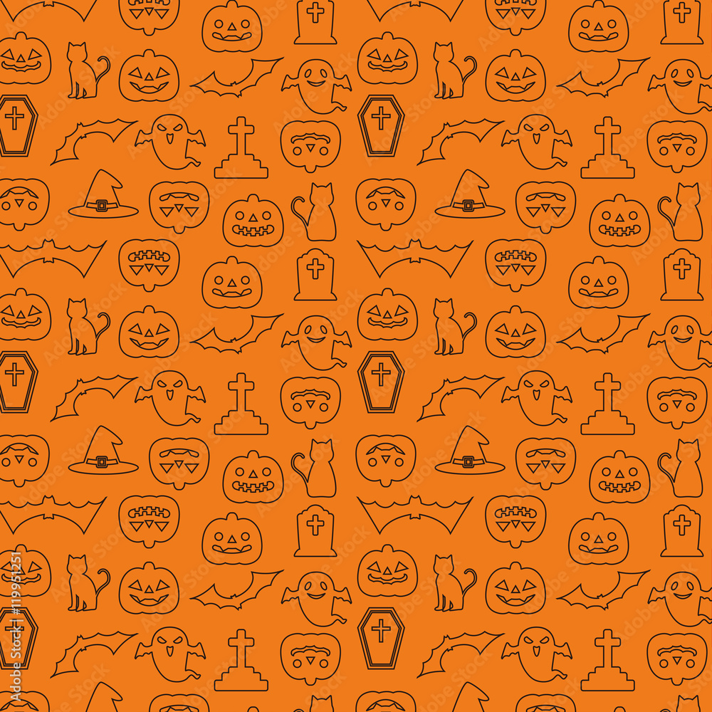 ハロウィン パターン 壁紙 背景 線画イラスト オレンジ 黒 Stock Vector Adobe Stock