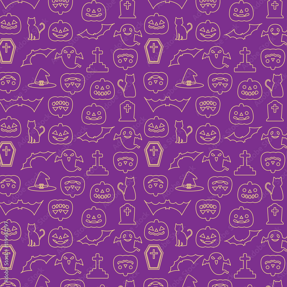ハロウィン　パターン　壁紙　背景 線画イラスト　紫