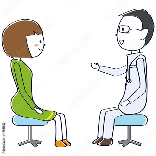 男性ドクターからアドバイスを受けるおかっぱの患者