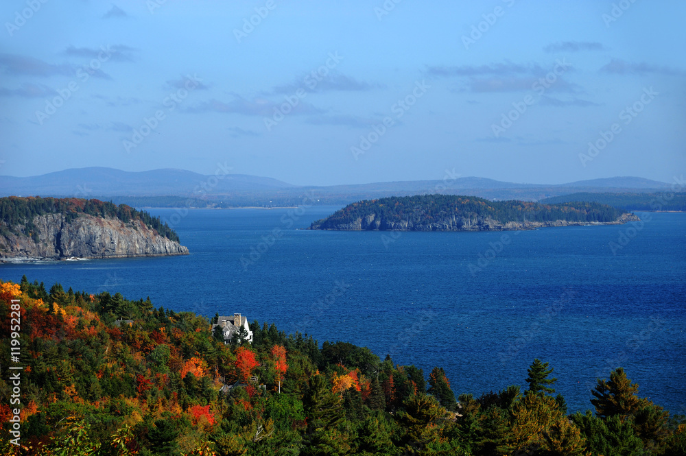 autumn forest on islands and blue ocean in Acadia National Park