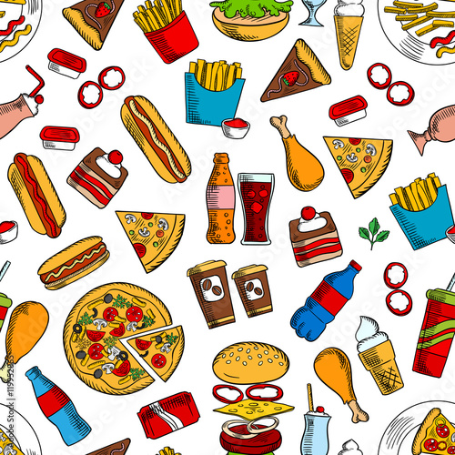 Fast food snacks and beverages seamless background