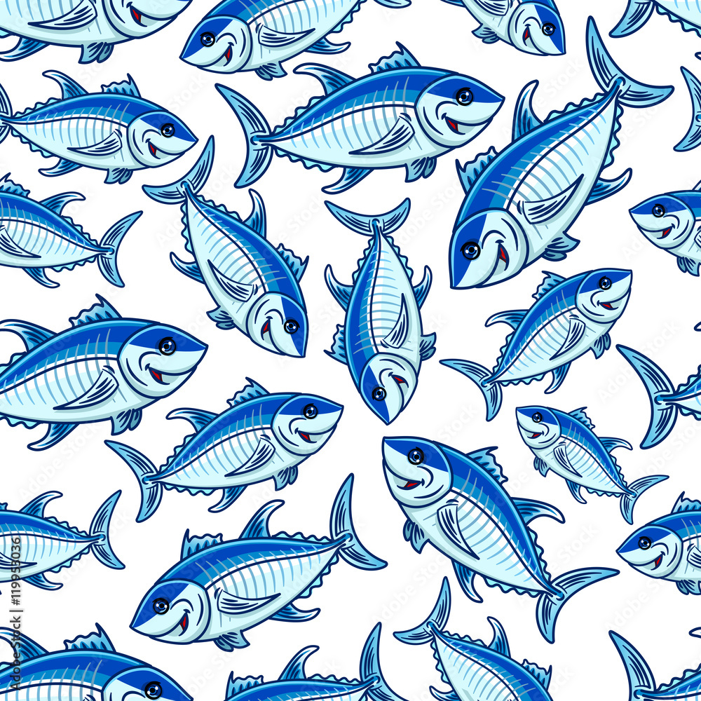 Flock of atlantic tuna fishes seamless pattern