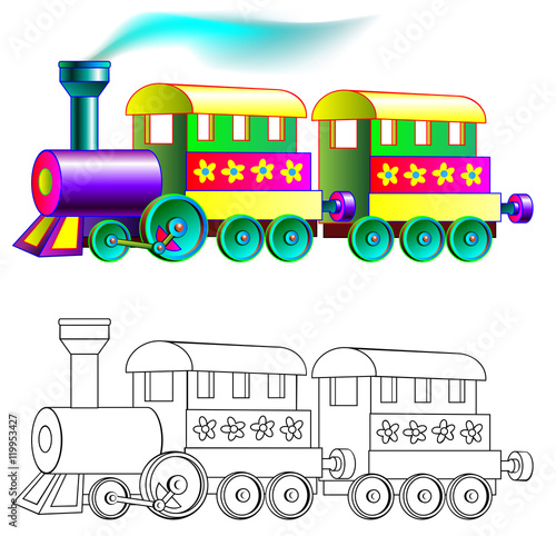 Colorful and black and white pattern train, vector cartoon image.