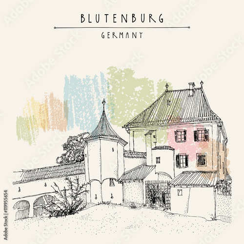 Blutenburg castle near Munich, Bavaria, Germany, Europe. Travel sketch. Book illustration. Vintage hand drawn touristic poster or postcard photo
