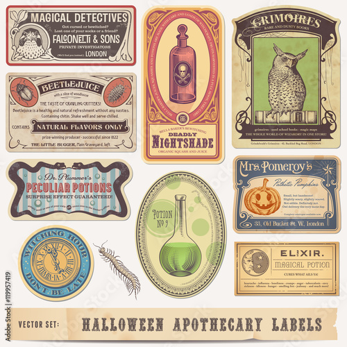 collection of funny vintage halloween apothecary labels - vector designs photo