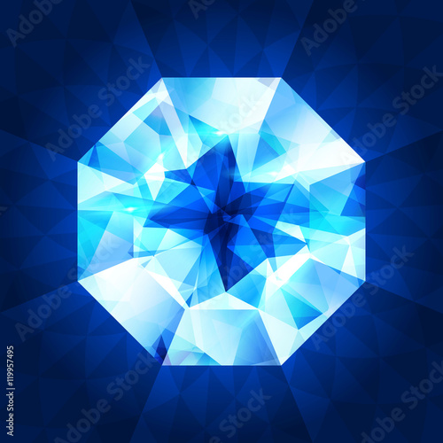 Realistic diamond in top view on shiny background.