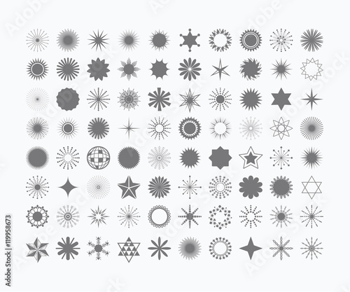 Complete set of 80 stars, flowers, sunbeams, snowflakes, signs and symbols icons