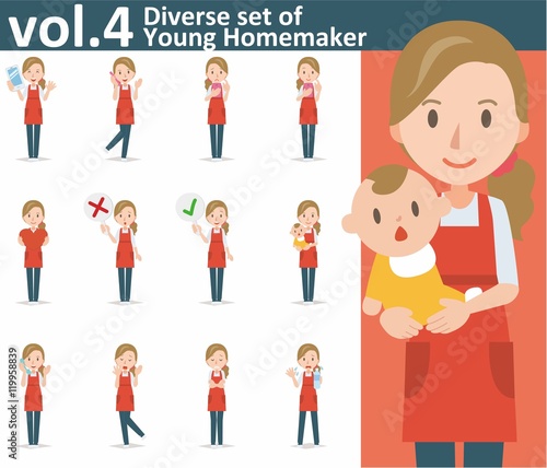 Diverse set of yong homemaker on white background vol.4