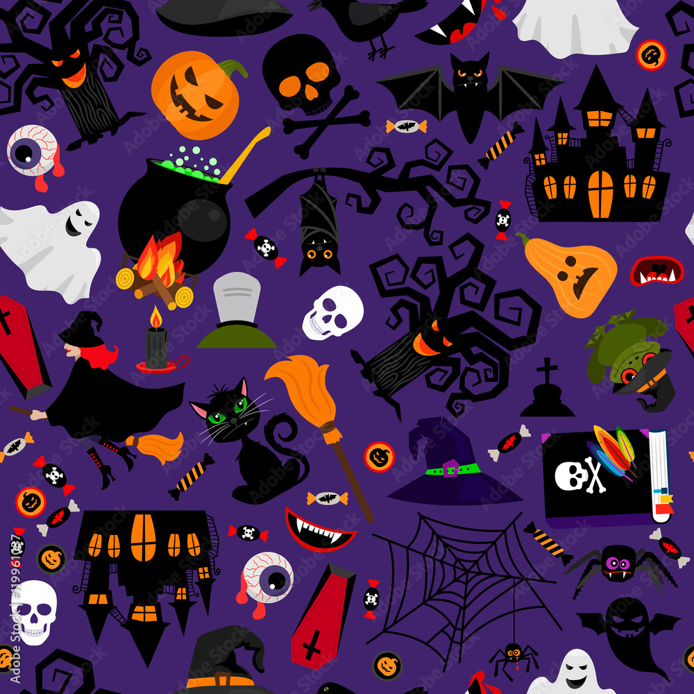 Vector seamless halloween pattern with cat and broom, old castle and spider Vector seamless halloween pattern with cat and broom, old castle and spider