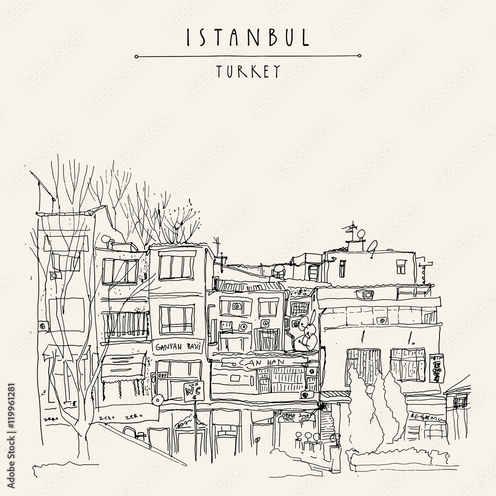 Houses in Istanbul, Turkey. Shopping street.  Freehand drawing Travel sketch. Vintage touristic postcard or poster template, book illustration